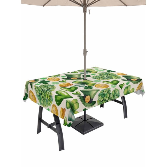 Outdoor Tablecloth with Umbrella Hole and Zipper, St. Patrick's Day Rectangle Table Cloth 54x80 Inch Waterproof Tablecloth, Spring Shamrocks Green Love Hats Retro Picnic Table Cover for Patio Camping