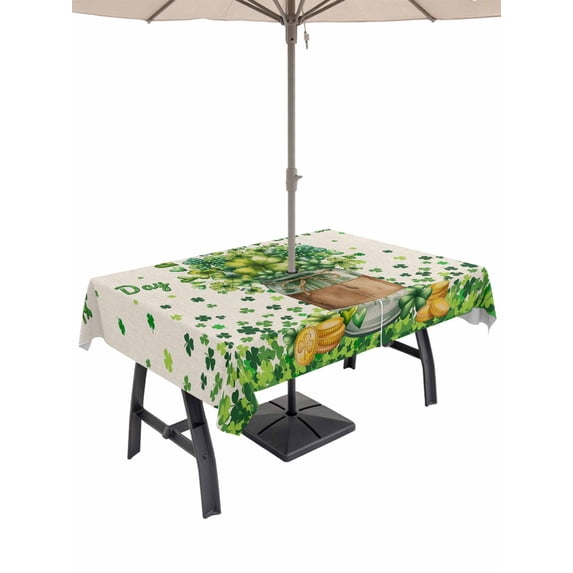 Outdoor Tablecloth with Umbrella Hole and Zipper, St. Patrick's Day Rectangle Table Cloth 60x102 Inch Waterproof Tablecloth, Farmhouse Green Lucky Clovers Coin Picnic Table Cover for Patio Camping