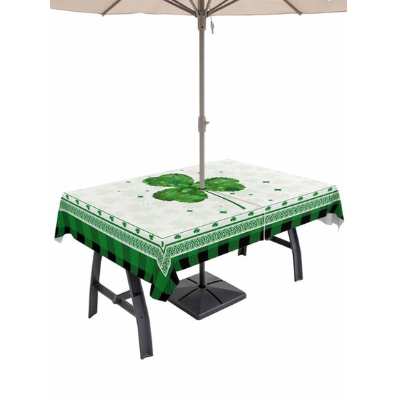 Outdoor Tablecloth with Umbrella Hole and Zipper, St. Patrick's Day Rectangle Table Cloth 60x102 Inch Waterproof Tablecloth, Green Shamrock Buffalo Plaid Spring Picnic Table Cover for Patio Camping