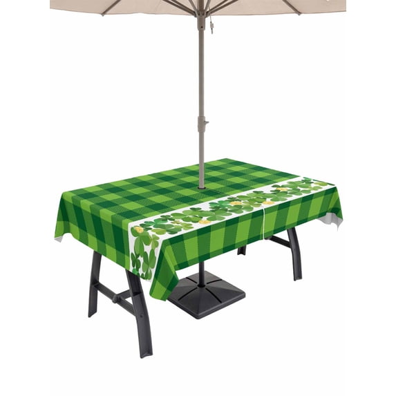 Outdoor Tablecloth with Umbrella Hole and Zipper, St. Patrick's Day Rectangle Table Cloth 60x102 Inch Waterproof Tablecloth, Lucky Shamrock Grasses Green Plaid Picnic Table Cover for Patio Camping