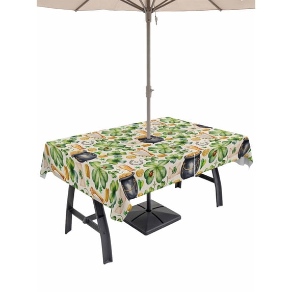 Outdoor Tablecloth with Umbrella Hole and Zipper, St. Patrick's Day Rectangle Table Cloth 60x102 Inch Waterproof Tablecloth, Lucky Shamrocks Retro Harp Beer Horseshoes Picnic Table Cover for Patio