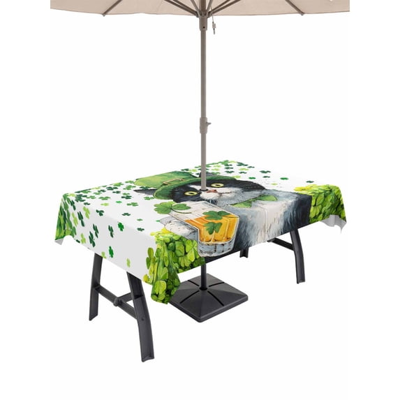 Outdoor Tablecloth with Umbrella Hole and Zipper, St. Patrick's Day Rectangle Table Cloth 60x102 Inch Waterproof Tablecloth, Spring Cute Cat Beer Green Clovers Picnic Table Cover for Patio Camping