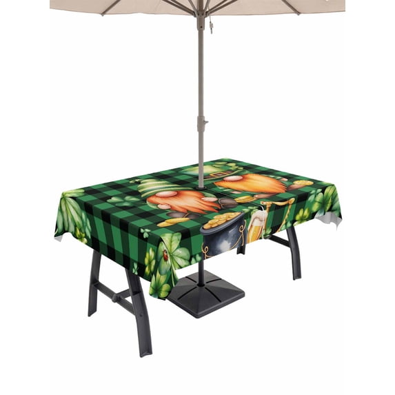 Outdoor Tablecloth with Umbrella Hole and Zipper, St. Patrick's Day Rectangle Table Cloth 60x120 Inch Waterproof Tablecloth, Cute Gnomes Lucky Shamrocks Green Black Plaid Picnic Table Cover for Patio