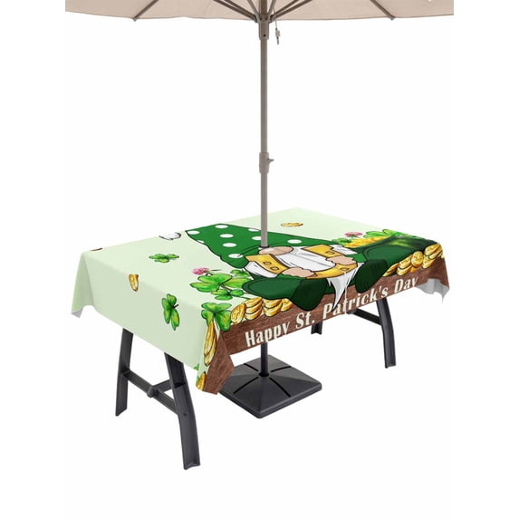 Outdoor Tablecloth with Umbrella Hole and Zipper, St. Patrick's Day Rectangle Table Cloth 60x120 Inch Waterproof Tablecloth, Gnomes Shamrocks Gold Coin Ombre Green Picnic Table Cover for Patio