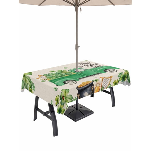 Outdoor Tablecloth with Umbrella Hole and Zipper, St. Patrick's Day Rectangle Table Cloth 60x120 Inch Waterproof Tablecloth, Green Truck Lucky Shamrocks Flags Retro Picnic Table Cover for Patio