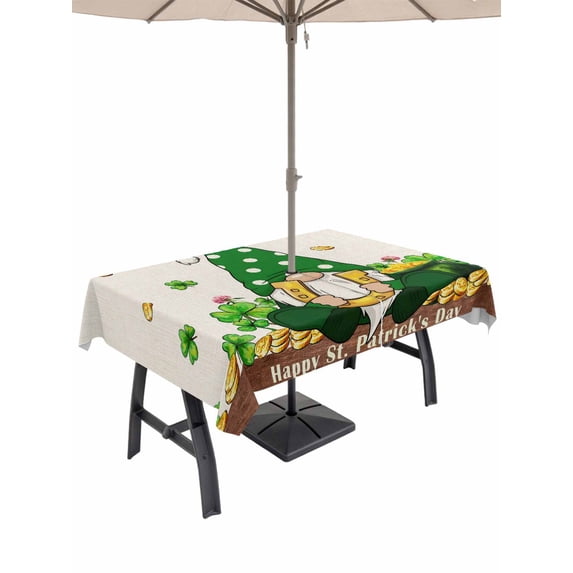 Outdoor Tablecloth with Umbrella Hole and Zipper, St. Patrick's Day Rectangle Table Cloth 60x120 Inch Waterproof Tablecloth, Shamrocks Gnomes Coin Beige Leaves Picnic Table Cover for Patio Camping