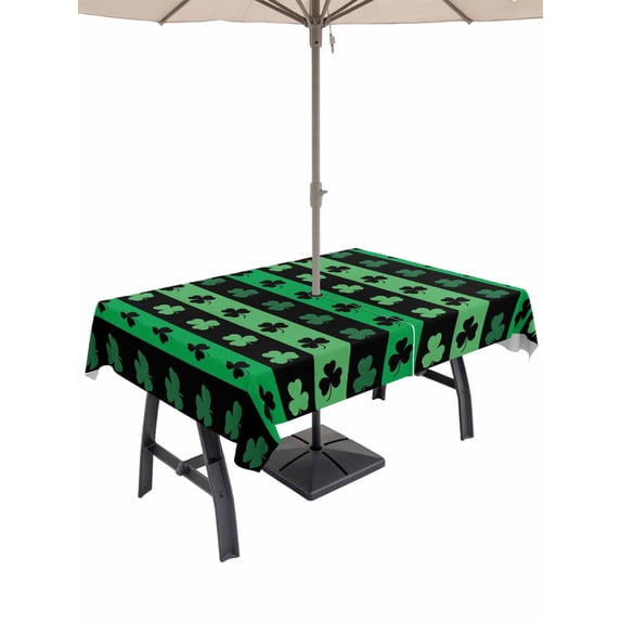 Outdoor Tablecloth with Umbrella Hole and Zipper, St. Patrick's Day Rectangle Table Cloth 60x120 Inch Waterproof Tablecloth, Spring Green Lucky Clovers Shamrock Picnic Table Cover for Patio Camping