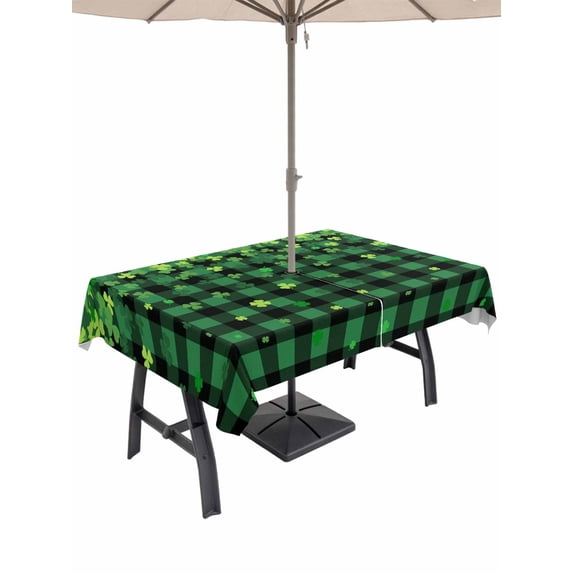 Outdoor Tablecloth with Umbrella Hole and Zipper, St. Patrick's Day Rectangle Table Cloth 60x120 Inch Waterproof Tablecloth, Spring Shamrocks Farmhouse Green Checkered Picnic Table Cover for Patio