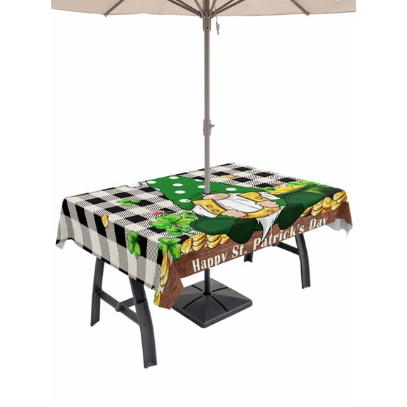 Outdoor Tablecloth with Umbrella Hole and Zipper, St. Patrick's Day Rectangle Table Cloth 60x84 Inch Waterproof Tablecloth, Gnomes Shamrocks Gold Coin Buffalo Plaid Picnic Table Cover for Patio