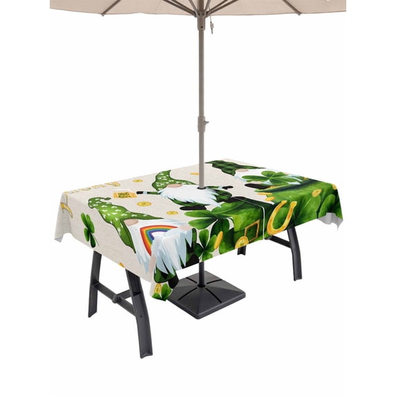 Outdoor Tablecloth with Umbrella Hole and Zipper, St. Patrick's Day Rectangle Table Cloth 60x84 Inch Waterproof Tablecloth, Green Gnomes Gold Coin Shamrock Beige Picnic Table Cover for Patio Camping