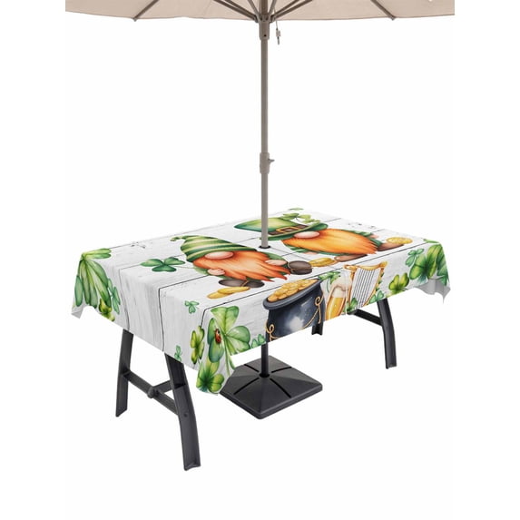 Outdoor Tablecloth with Umbrella Hole and Zipper, St. Patrick's Day Rectangle Table Cloth 60x84 Inch Waterproof Tablecloth, Green Gnomes Lucky Shamrocks Grey Farm Wooden Picnic Table Cover for Patio