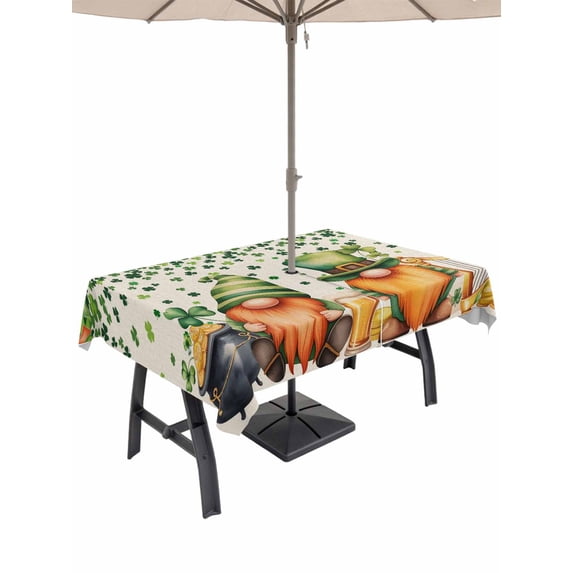 Outdoor Tablecloth with Umbrella Hole and Zipper, St. Patrick's Day Rectangle Table Cloth 60x84 Inch Waterproof Tablecloth, Green Lucky Shamrocks Harp Beer Retro Rustic Picnic Table Cover for Patio