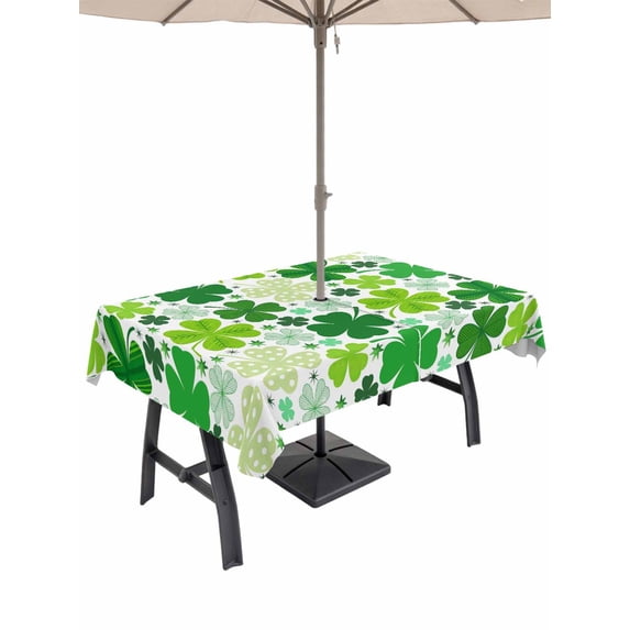 Outdoor Tablecloth with Umbrella Hole and Zipper, St. Patrick's Day Rectangle Table Cloth 60x84 Inch Waterproof Tablecloth, Lucky Shamrocks Spring Leaves Botanical Picnic Table Cover for Patio