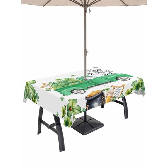 Outdoor Tablecloth with Umbrella Hole and Zipper, St. Patrick's Day Rectangle Table Cloth 60x84 Inch Waterproof Tablecloth, Spring Lucky Shamrocks Green Truck Country Picnic Table Cover for Patio