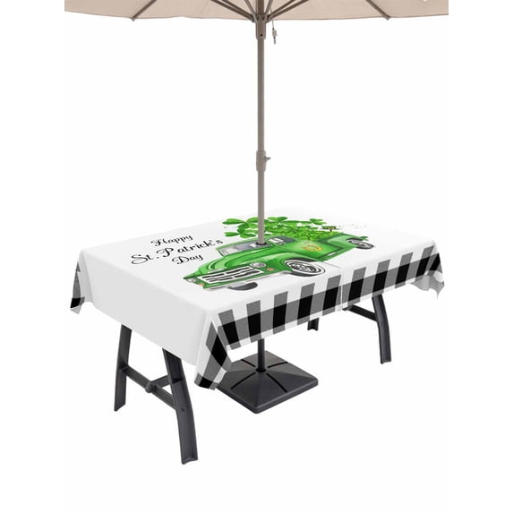 Outdoor Tablecloth with Umbrella Hole and Zipper, St. Patrick's Day Rectangle Table Cloth 60x84 Inch Waterproof Tablecloth, Spring Three Leaf Grass Truck Black Plaid Picnic Table Cover for Patio