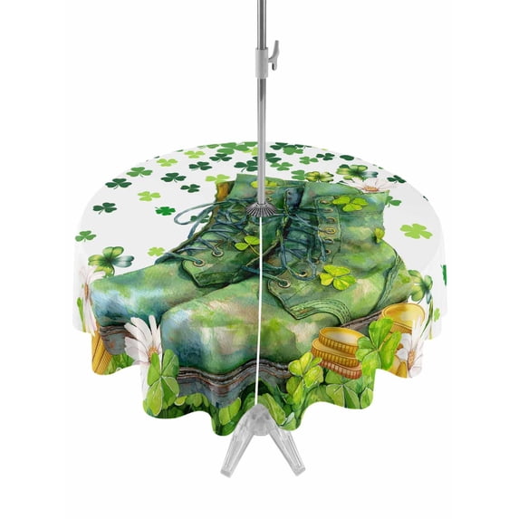 Outdoor Tablecloth with Umbrella Hole and Zipper, St. Patrick's Day Round Table Cloth 54 Inch Waterproof Tablecloth, Farmhouse Green Boots Daisy Clovers Picnic Table Cover for Patio Camping