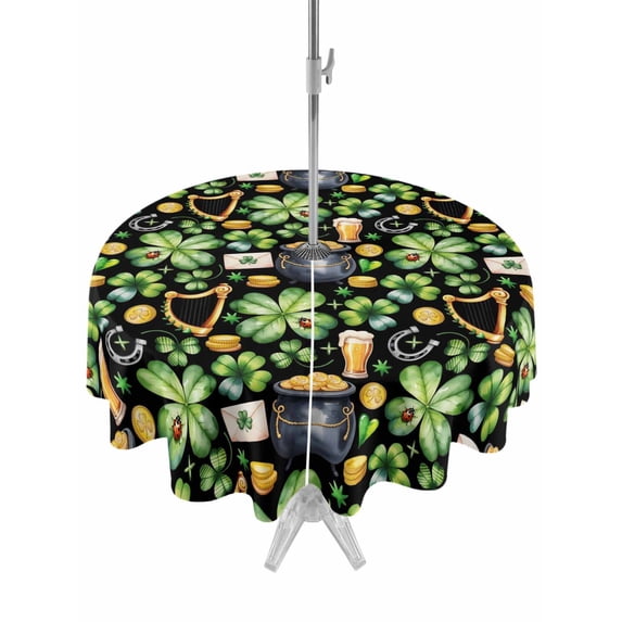 Outdoor Tablecloth with Umbrella Hole and Zipper, St. Patrick's Day Round Table Cloth 54 Inch Waterproof Tablecloth, Luck Shamrocks Beer Harp Horseshoes Envelope Picnic Table Cover for Patio Camping