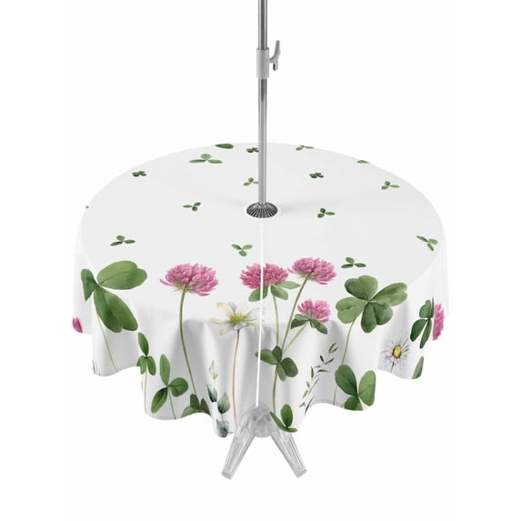 Outdoor Tablecloth with Umbrella Hole and Zipper, St. Patrick's Day Round Table Cloth 60 Inch Waterproof Tablecloth, Green Lucky Shamrocks Floral Plants Picnic Table Cover for Patio Camping