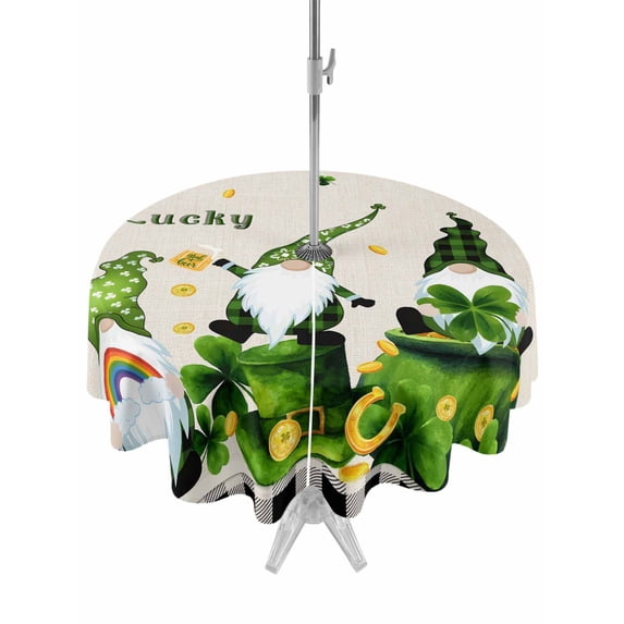 Outdoor Tablecloth with Umbrella Hole and Zipper, St. Patrick's Day Round Table Cloth 60 Inch Waterproof Tablecloth, Green Shamrock Gnomes Gold Coin Beige Picnic Table Cover for Patio Camping