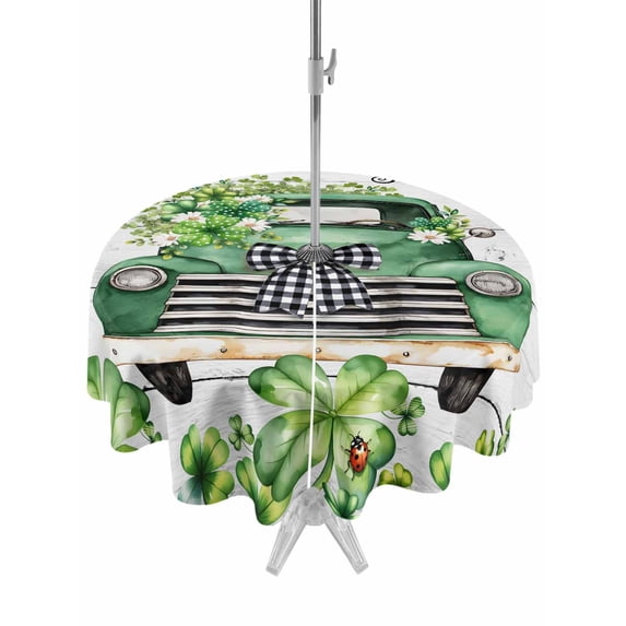 Outdoor Tablecloth with Umbrella Hole and Zipper, St. Patrick's Day Round Table Cloth 60 Inch Waterproof Tablecloth, Green Truck Clovers Floral Butterfly Wood Picnic Table Cover for Patio Camping