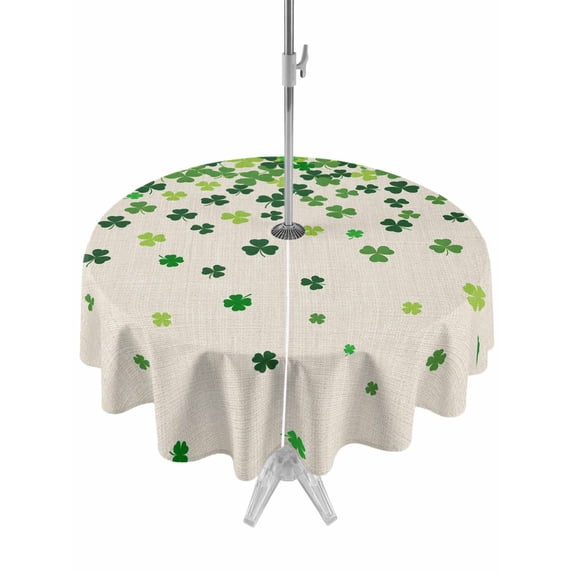 Outdoor Tablecloth with Umbrella Hole and Zipper, St. Patrick's Day Round Table Cloth 60 Inch Waterproof Tablecloth, Spring Lucky Shamrocks Leaves Retro Country Picnic Table Cover for Patio Camping