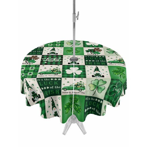 Outdoor Tablecloth with Umbrella Hole Zipper St. Patrick's Day Round Tablecloth 54" Waterproof Outside Table Cloth Green Checked Tri-leaf Grass Gnomes Patio Table Cover Tablecloths for Picnic Party