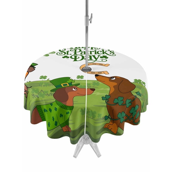 Outdoor Tablecloth with Umbrella Hole Zipper St. Patrick's Day Round Tablecloth 54" Waterproof Outside Table Cloth Green Lucky Clovers Dog Patio Table Cover Tablecloths for Picnic Party