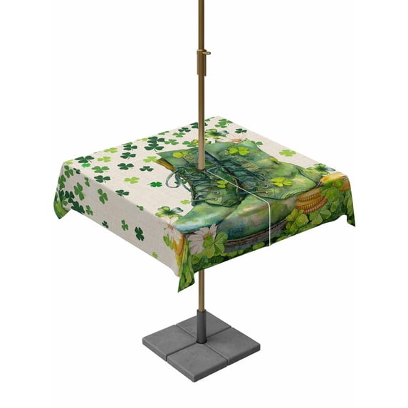 Outdoor Tablecloth with Umbrella Hole and Zipper, St. Patrick's Day Square Table Cloth 54x54 Inch Waterproof Tablecloth, Country Retro Green Boots Daisy Clovers Picnic Table Cover for Patio Camping