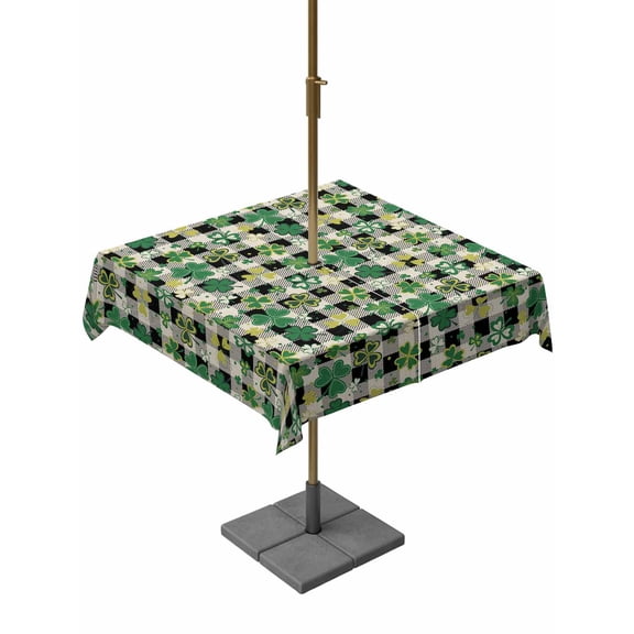 Outdoor Tablecloth with Umbrella Hole and Zipper, St Patrick's Day Square Table Cloth 54x54 Inch Waterproof Tablecloth, Lucky Shamrocks Farmhouse Retro Check Picnic Table Cover for Patio Camping