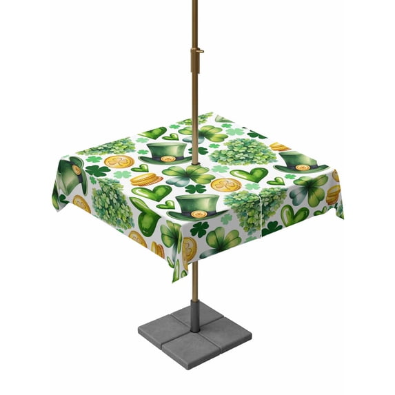 Outdoor Tablecloth with Umbrella Hole and Zipper, St. Patrick's Day Square Table Cloth 54x54 Inch Waterproof Tablecloth, Spring Shamrocks Green Love Heart Hats Picnic Table Cover for Patio Camping