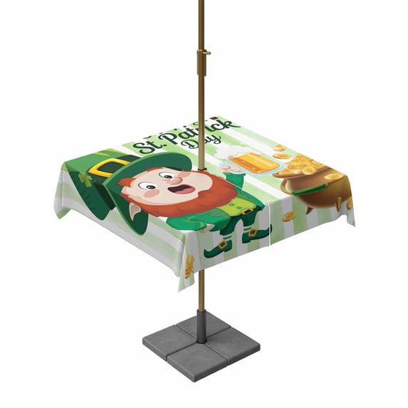 Outdoor Tablecloth with Umbrella Hole and Zipper, St. Patrick's Day Square Table Cloth 60x60 Inch Waterproof Tablecloth, Green Gnomes Gold Coin Beer Shamrock Stripes Picnic Table Cover for Patio
