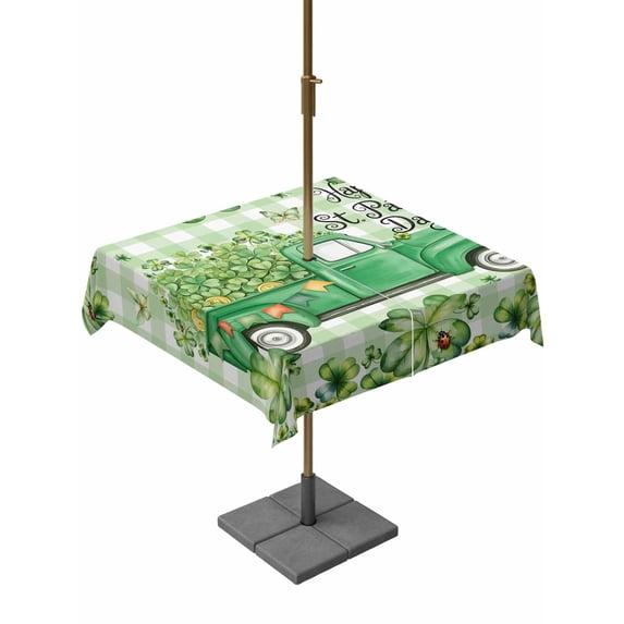 Outdoor Tablecloth with Umbrella Hole and Zipper, St. Patrick's Day Square Table Cloth 60x60 Inch Waterproof Tablecloth, Green Shamrocks Truck Country Buffalo Plaid Picnic Table Cover for Patio
