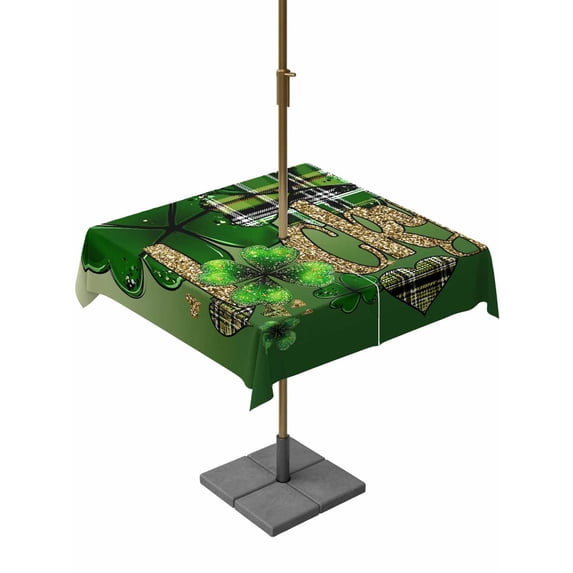 Outdoor Tablecloth with Umbrella Hole and Zipper, St. Patrick's Day Square Table Cloth 60x60 Inch Waterproof Tablecloth, Ombre Green Shamrock Gold Lucky Love Spring Picnic Table Cover for Patio