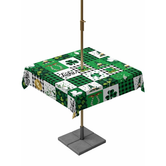 Outdoor Tablecloth with Umbrella Hole and Zipper, St. Patrick's Day Square Table Cloth 60x60 Inch Waterproof Tablecloth, Shamrock Gnomes Green Checkered Buffalo Picnic Table Cover for Patio Camping