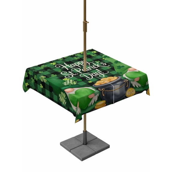 Outdoor Tablecloth with Umbrella Hole and Zipper, St. Patrick's Day Square Table Cloth 60x60 Inch Waterproof Tablecloth, Spring Lucky Shamrocks Green Gnomes Plaid Picnic Table Cover for Patio Camping