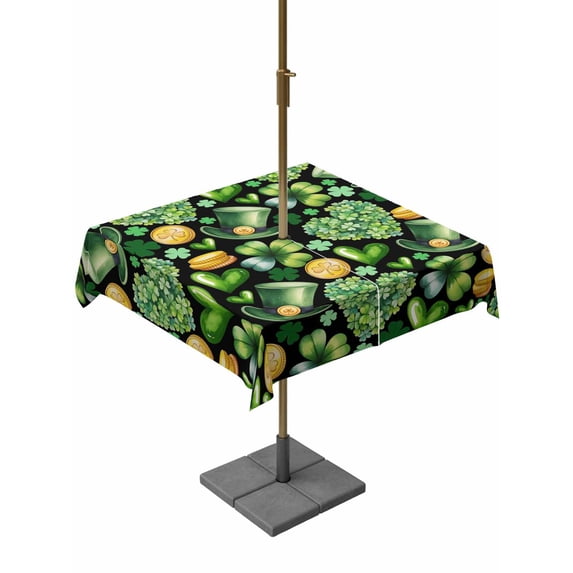 Outdoor Tablecloth with Umbrella Hole and Zipper, St. Patrick's Day Square Table Cloth 60x60 Inch Waterproof Tablecloth, Spring Shamrocks Green Love Hats Plants Black Picnic Table Cover for Patio