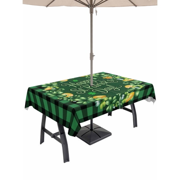 Outdoor Tablecloth with Umbrella Hole and Zipper, St Patricks Day Rectangle Table Cloth 52x70 Inch Waterproof Tablecloth, Spring Gold Coin Green Shamrock Plaid Picnic Table Cover for Patio Camping