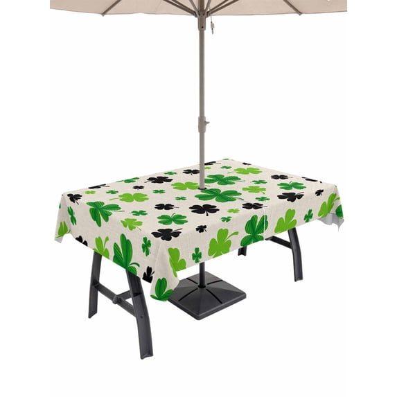 Outdoor Tablecloth with Umbrella Hole and Zipper, St Patricks Day Rectangle Table Cloth 60x120 Inch Waterproof Tablecloth, Farmhouse Country Green Black Shamrock Picnic Table Cover for Patio Camping