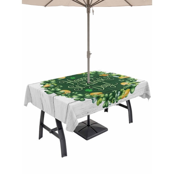 Outdoor Tablecloth with Umbrella Hole and Zipper, St Patricks Day Rectangle Table Cloth 60x120 Inch Waterproof Tablecloth, Spring Gold Coin Green Shamrock Wooden Grain Picnic Table Cover for Patio