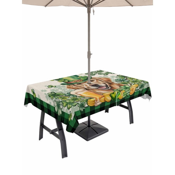 Outdoor Tablecloth with Umbrella Hole and Zipper, St Patricks Day Rectangle Table Cloth 60x84 Inch Waterproof Tablecloth, Farmhouse Watercolor Dogs Green Shamrock Picnic Table Cover for Patio Camping