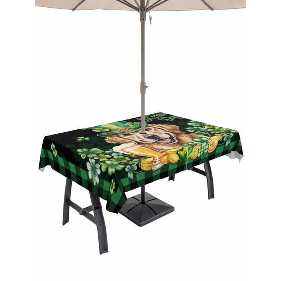 Outdoor Tablecloth with Umbrella Hole and Zipper, St Patricks Day Rectangle Table Cloth 60x84 Inch Waterproof Tablecloth, Watercolor Dogs Green Shamrock Plaid Picnic Table Cover for Patio Camping