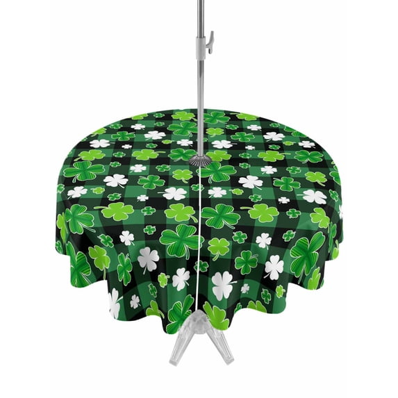 Outdoor Tablecloth with Umbrella Hole and Zipper, St Patricks Day Round Table Cloth 54 Inch Waterproof Tablecloth, Spring Country Green Shamrock Plaid Picnic Table Cover for Patio Camping