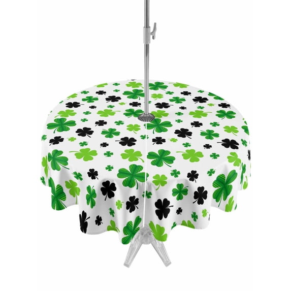 Outdoor Tablecloth with Umbrella Hole and Zipper, St Patricks Day Round Table Cloth 60 Inch Waterproof Tablecloth, Spring Country Green Black Shamrock Picnic Table Cover for Patio Camping