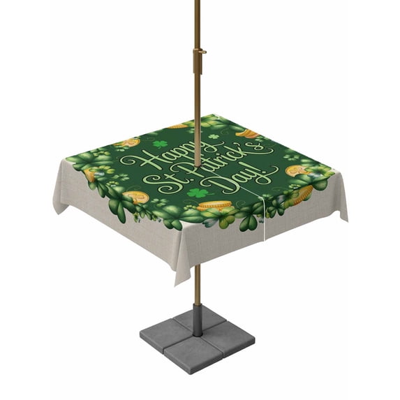 Outdoor Tablecloth with Umbrella Hole and Zipper, St Patricks Day Square Table Cloth 54x54 Inch Waterproof Tablecloth, Spring Gold Coin Green Shamrock on Linen Picnic Table Cover for Patio Camping