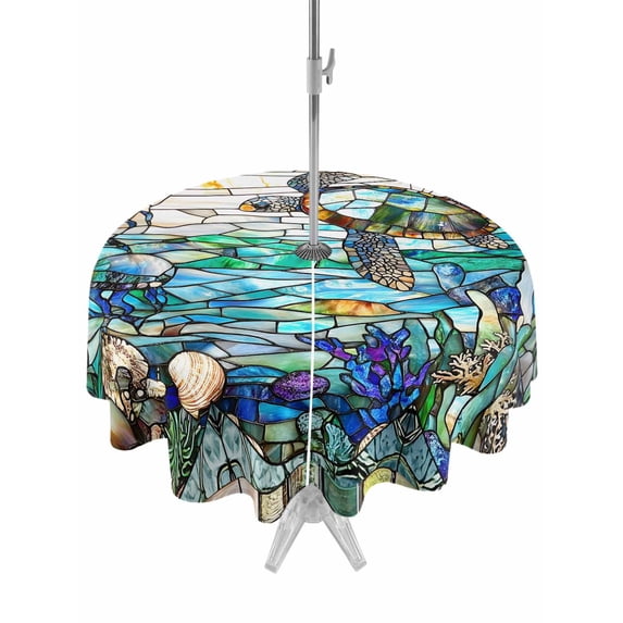 Outdoor Tablecloth with Umbrella Hole Zipper Stained Glass Sea Turtle Round Tablecloth 54" Waterproof Outside Table Cloth Summer Coastal Ocean Jellyfish Patio Table Cover Tablecloths for Picnic Party