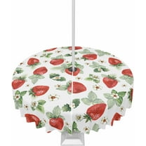 Outdoor Tablecloth with Umbrella Hole & Zipper, Strawberry Round Tablecloth 60 Inch, Spring Floral Summer Botanical Green Patio Table Cover Waterproof Table Cloth for Picnic/Party