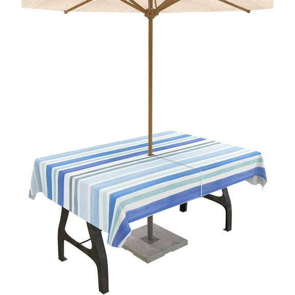 Outdoor Tablecloth with Umbrella Hole and Zipper Stripes Rectangle Outdoor Tablecloths 60x120 Waterproof Outside Table Cloths Blue Line Patio Table Cloth Cover for Outdoor Tables Picnic Garden