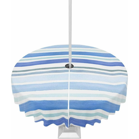 Outdoor Tablecloth with Umbrella Hole and Zipper Stripes Round Outdoor Tablecloths 60 Inch Waterproof Outside Table Cloths Blue Line Patio Table Cloth Cover for Outdoor Tables Picnic Garden Party