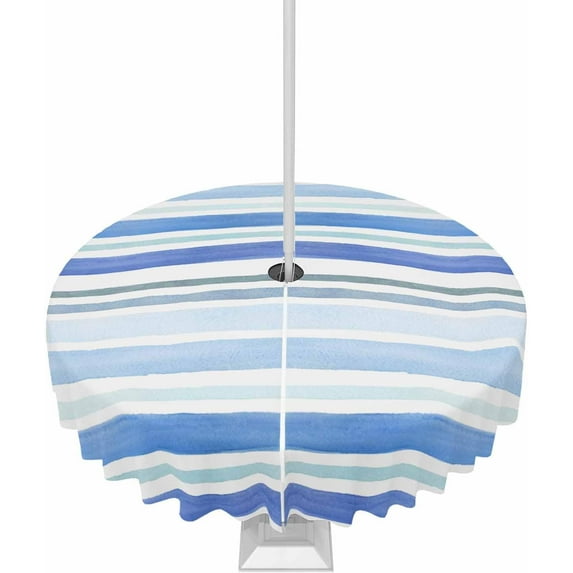 Outdoor Tablecloth with Umbrella Hole and Zipper Stripes Round Outdoor Tablecloths 60 Inch Waterproof Outside Table Cloths Blue Line Patio Table Cloth Cover for Outdoor Tables Picnic Garden Party