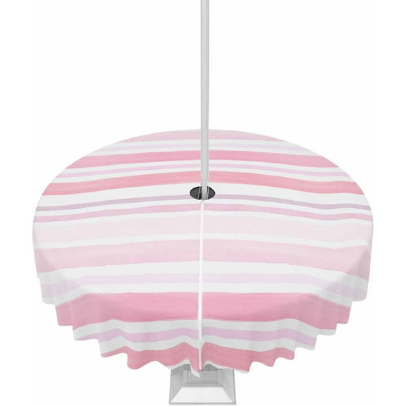 Outdoor Tablecloth with Umbrella Hole and Zipper Stripes Round Outdoor Tablecloths 60 Inch Waterproof Outside Table Cloths Pink Line Patio Table Cloth Cover for Outdoor Tables Picnic Garden Party